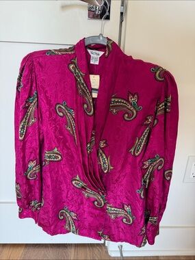 Vintage Paul Stanley Paisley Draped V-Neck Blouse in Fuchsia